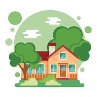 House with trees and bushes on a white background vector