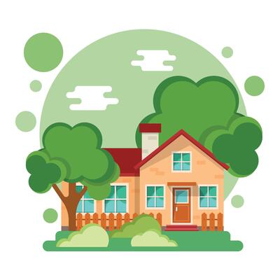 House with trees and bushes on a white background