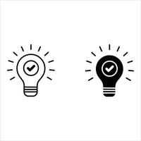 Black bulb checkmark icon. Like quick tip line icon. Bulb icon for expert, genius, idea, innovation, light bulb, mark, creative, positive, simplicity, smart, solution. vector