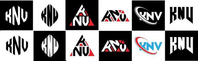 KNV letter logo design in six style. KNV polygon, circle, triangle, hexagon, flat and simple style with black and white color variation letter logo set in one artboard. KNV minimalist and classic logo vector