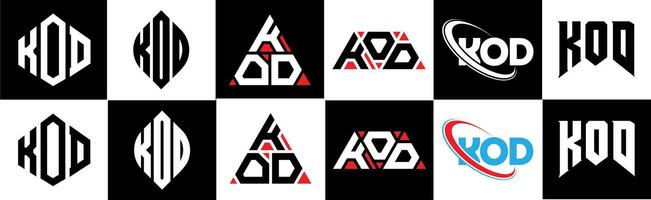 KOD letter logo design in six style. KOD polygon, circle, triangle, hexagon, flat and simple style with black and white color variation letter logo set in one artboard. KOD minimalist and classic logo vector