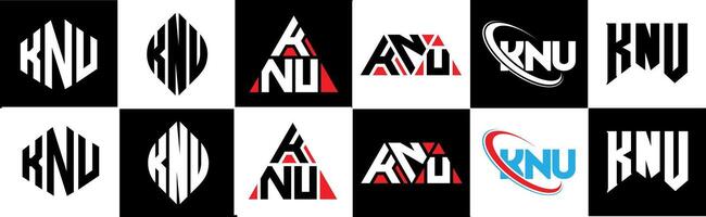 KNU letter logo design in six style. KNU polygon, circle, triangle, hexagon, flat and simple style with black and white color variation letter logo set in one artboard. KNU minimalist and classic logo vector