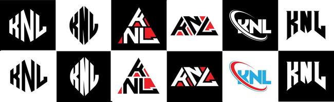 KNL letter logo design in six style. KNL polygon, circle, triangle, hexagon, flat and simple style with black and white color variation letter logo set in one artboard. KNL minimalist and classic logo vector