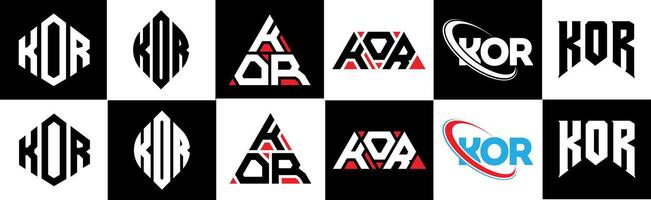 KOR letter logo design in six style. KOR polygon, circle, triangle, hexagon, flat and simple style with black and white color variation letter logo set in one artboard. KOR minimalist and classic logo vector