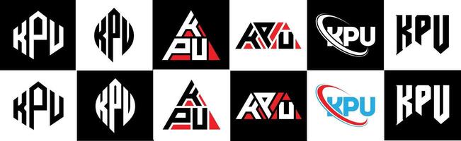 KPU letter logo design in six style. KPU polygon, circle, triangle, hexagon, flat and simple style with black and white color variation letter logo set in one artboard. KPU minimalist and classic logo vector