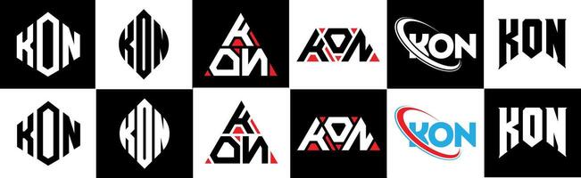 KON letter logo design in six style. KON polygon, circle, triangle, hexagon, flat and simple style with black and white color variation letter logo set in one artboard. KON minimalist and classic logo vector