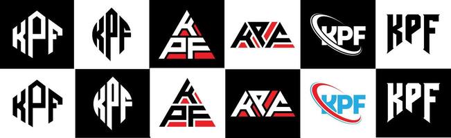 KPF letter logo design in six style. KPF polygon, circle, triangle, hexagon, flat and simple style with black and white color variation letter logo set in one artboard. KPF minimalist and classic logo vector