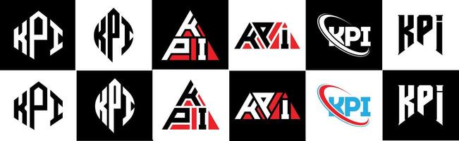 KPI letter logo design in six style. KPI polygon, circle, triangle, hexagon, flat and simple style with black and white color variation letter logo set in one artboard. KPI minimalist and classic logo vector