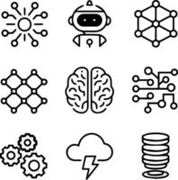 Modern Minimalist AI And Technology Icons Set -Neural Networks, Chatbots, Deep Learning And More. vector