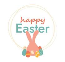 Happy Easter, Eggs, Rabbit in round linear frame. Greeting card with text, Children poster. Cute Bunny sits with his back next to colored elements. Isolated decor. Spring holiday. illustration vector