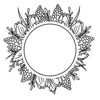 Doodle flower bouquets with tulips, geocities, daffodils on white background. Circular frame with empty space for text. Banner, poster, wrapping paper, sticker, print, modern textile design. vector