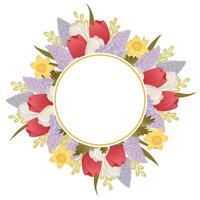 Flower bouquets with white and red tulips, geocities, daffodils on white background. Circular frame with empty space for text. Banner, poster, wrapping paper, sticker, print, modern textile design. vector