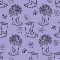 Rubber boots with a bouquet of spring flowers, tulips, daffodils, outline drawing by hand coloring line. Black doodle pattern on purple background. vector