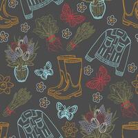 Seamless gardening template with bouquet and flowers, rubber boots and jacket, tulips and crocuses. Seamless gardening tools template on light colored background. Doodle pattern. vector