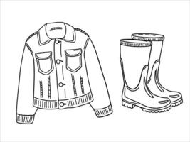 A set of outline icons related to clothing. Denim jacket and rubber boots, for garden and leisure in spring and fall. Black color on white background. vector