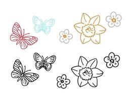 A set of outline icons related to gardening. Flowers, daffodil and marguerites. Winged insects, butterflies. Thin lines in doodle style on white background. vector