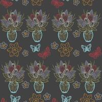 Seamless pattern with spring and summer bouquets of flowers in vases. Red and white tulips, purple hyacinths with greenery. Doodle style illustration. Color line on grayit background. Floral design. vector