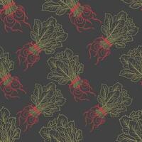 Pattern, Seamless background illustration of organic farm fresh vegetables, radish, turnip, radish. Contour thin line in doodle design style. green with red line, dark graphite background vector