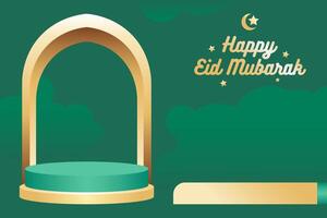 Elegant Happy Eid Mubarak banner with podium for display product on green background vector