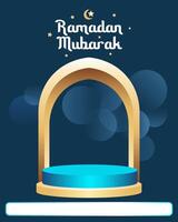 Elegant Ramadan Mubarak greeting with podium and golden arch on blue bokeh background vector