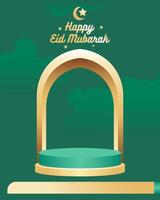 Elegant Happy Eid Mubarak greeting with podium and golden arch on green background vector