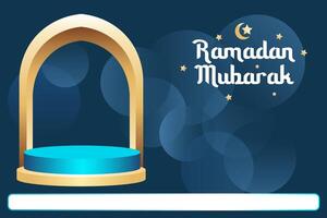 Elegant Ramadan Mubarak banner with podium for display product on blue bokeh background vector