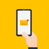Hand holding smartphone with email icon on yellow background vector