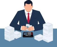 A man in a suit is sitting at a desk with stacks of papers vector
