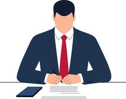 A man in a suit is sitting at a desk with a pen and paper vector