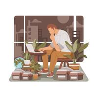 Portrait of Man Working for Home, Searching Idea Business Isolated Flat Design Illustration vector