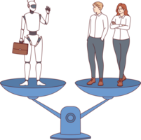 Modern robot and office workers stand on different scales, for concept of choosing between humans and AI. Humanoid robot replaces two managers thanks to machine learning and neural networks png