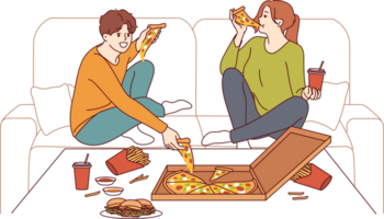 Problem of gluttony is guy and woman eating fast food, sitting on couch at table with burgers and pizza with soda. Man and girl are addicted to junk food or need treatment for gluttony. png