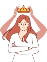 Self-confident woman with crown above head stands with arms crossed in front of chest and looks at screen smiling. Self-confident girl rejoices at gold award for achieving success in career png
