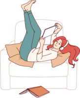 Lazy girl student listens to music lying in chair, distracted from reading textbook to prepare for exams. Lazy young woman enjoying using gadgets, doing idleness after hard day at work. png