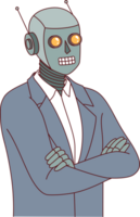 Humanoid robot in business suit stands with arms crossed, demonstrating confidence in superiority of artificial intelligence. Robot boss created thanks to modern technologies and use of AI png