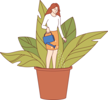 Woman is engaged in self-development and personality improvement, standing in huge flower pot, field soil. Concept of importance of self-development and mental health care for sustainable growth png