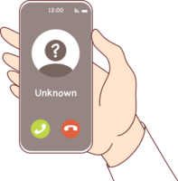 Call from unknown caller on phone screen in person hand, for spam or unsolicited advertising concept. Call from unknown scammer who wants to help with money or deceive victim through smartphone png