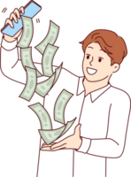 Business man earns money through mobile phone, and receives cash bills pouring out of smartphone screen. Guy makes money from e-commerce and completing simple tasks in internet application png