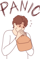 Panic attack in man breathing into paper bag to overcome fear and restore calm. Problem of panic attack for guy who needs sedative and antidepressants to relieve stress and depression png