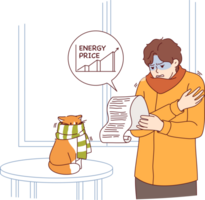 Rising prices for electricity cause stress for man studying bill, standing in cold apartment. Frozen guy and cat in scarf are shivering due to increase in prices and electricity tariffs png