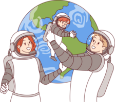 Family of astronauts makes space trip with baby, wearing spacesuits to obtain oxygen in zero gravity. Family of astronauts traveling on spaceship on scientific mission went into outer cosmos png