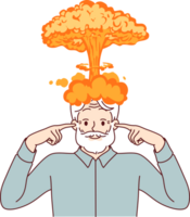 Explosion of brain in elderly man who has experienced severe strain on intellect and covers ears with fingers. Brain explosion symbolizes receiving shocking information that can drive person crazy png