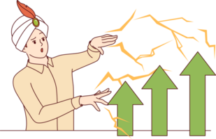 Man in wizard hat demonstrates business magic, increasing financial performance using fraudulent methods. Male sorcerer uses magic or tricks to improve economic performance of company png
