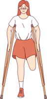 Leg amputation caused by chronic health problems in woman with disabilities using crutches. Happy girl smiles and shows positive emotions despite leg amputation causing problem in life png