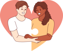 Love between diverse couple and with man and woman holding hands and consisting of puzzle pieces. Multiracial love or romantic relationships through mutual understanding or equality png