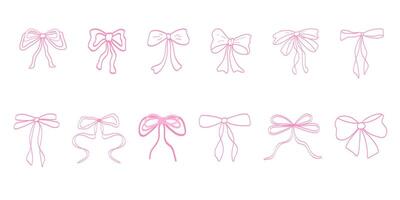 A collection of twelve pink hand-drawn bow illustrations in a minimalistic style. Perfect for decorative, feminine, or vintage-themed designs. illustration vector