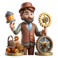 extraordinary rustic 3D Cartoon Inventor with Gears high resolution png