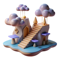 Whimsical 3D Island Render Clouds, Stairs, and a Tiny House png