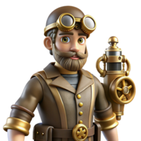 impressive minimalist Steampunk Inventor 3D Render detailed png