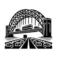 A black and white illustration of a bridge with cars on it vector